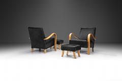 Italian Cherry Wood Lounge Chairs with Foot Stools in Dark Cowhide Italy 1950s - 3457194