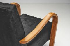 Italian Cherry Wood Lounge Chairs with Foot Stools in Dark Cowhide Italy 1950s - 3457200