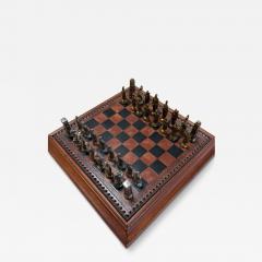 Italian Chess Set in Cast Metal on Carved Wooden Board 1970s - 4466447