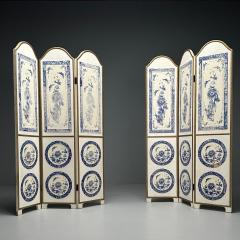Italian Chinoiserie Room Dividers Screens Blue and White Floral Motif Gilt - 3524409