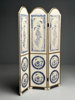 Italian Chinoiserie Room Dividers Screens Blue and White Floral Motif Gilt - 3524411