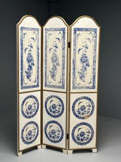 Italian Chinoiserie Room Dividers Screens Blue and White Floral Motif Gilt - 3524412