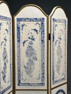 Italian Chinoiserie Room Dividers Screens Blue and White Floral Motif Gilt - 3524414