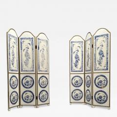 Italian Chinoiserie Room Dividers Screens Blue and White Floral Motif Gilt - 3527977