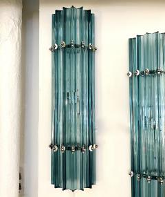 Italian Contemporary Minimalist Pair of Aquamarine Murano Glass Nickel Sconces - 2730573