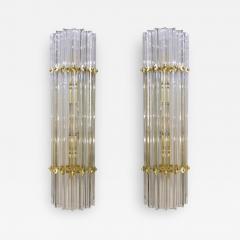 Italian Contemporary Minimalist Pair of Satin Brass Crystal Murano Glass Sconces - 1688837