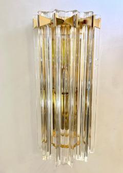 Italian Contemporary Pair of Minimalist Brass Crystal Clear Murano Glass Sconces - 2885831