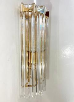 Italian Contemporary Pair of Minimalist Brass Crystal Clear Murano Glass Sconces - 2885834