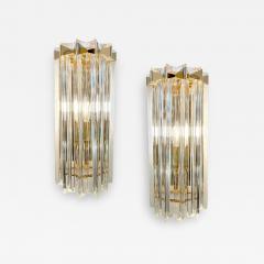 Italian Contemporary Pair of Minimalist Brass Crystal Clear Murano Glass Sconces - 2890800