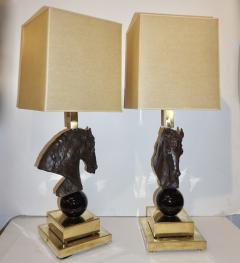 Italian Design 1990s Horse Bronze Sculpture Black Glass Pair of Brass Lamps - 2246174