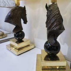 Italian Design 1990s Horse Bronze Sculpture Black Glass Pair of Brass Lamps - 2246179