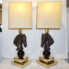 Italian Design 1990s Horse Bronze Sculpture Black Glass Pair of Brass Lamps - 2246180