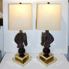 Italian Design 1990s Horse Bronze Sculpture Black Glass Pair of Brass Lamps - 2246183