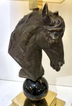 Italian Design 1990s Horse Bronze Sculpture Black Glass Pair of Brass Lamps - 2246185