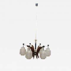 Italian Design Glass Bolws Black Lacquered Metal and Brass Chandelier 1950s - 2878461