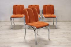Italian Design Set of Four Chairs in Chromed Metal and Orange Velvet 1970s - 2852538