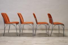 Italian Design Set of Four Chairs in Chromed Metal and Orange Velvet 1970s - 2852543
