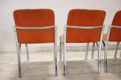 Italian Design Set of Four Chairs in Chromed Metal and Orange Velvet 1970s - 2852545