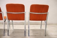 Italian Design Set of Four Chairs in Chromed Metal and Orange Velvet 1970s - 2852546