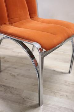 Italian Design Set of Four Chairs in Chromed Metal and Orange Velvet 1970s - 2852547