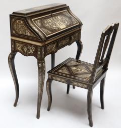 Italian Ebony and Bone Inlay Marquetry Secretaire Desk with Chair - 301454