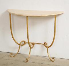 Italian Gilded Iron Demilune Console Table with Travertine Top - 1814587