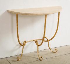 Italian Gilded Iron Demilune Console Table with Travertine Top - 1814590