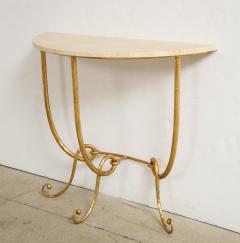 Italian Gilded Iron Demilune Console Table with Travertine Top - 1814595