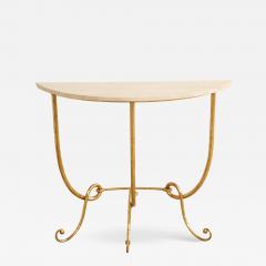 Italian Gilded Iron Demilune Console Table with Travertine Top - 1815807