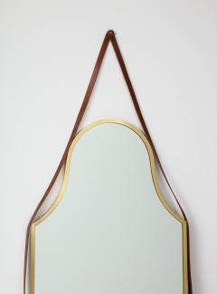 Italian Large Brass Elegantly Shaped Mirror with Leather Strap - 1013844