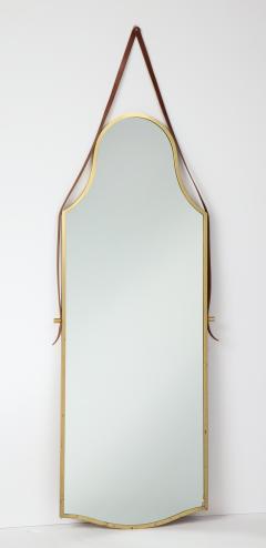Italian Large Brass Elegantly Shaped Mirror with Leather Strap - 1013845