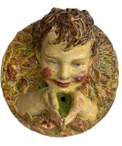 Italian Majolica porcelain round wall plaque with a cupid hold hands in front of - 4661424