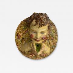 Italian Majolica porcelain round wall plaque with a cupid hold hands in front of - 4692390