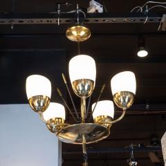 Italian Mid Century Modern Brass Enamel and Frosted Glass Five Arm Chandelier - 1459776