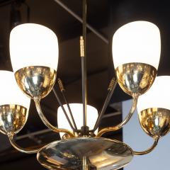 Italian Mid Century Modern Brass Enamel and Frosted Glass Five Arm Chandelier - 1522318