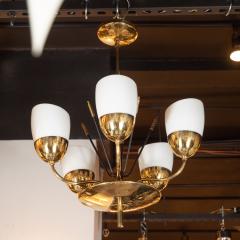 Italian Mid Century Modern Brass Enamel and Frosted Glass Five Arm Chandelier - 1522319
