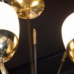 Italian Mid Century Modern Brass Enamel and Frosted Glass Five Arm Chandelier - 1522347