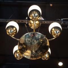 Italian Mid Century Modern Brass Enamel and Frosted Glass Five Arm Chandelier - 1522348