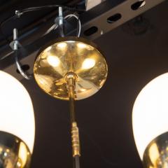 Italian Mid Century Modern Brass Enamel and Frosted Glass Five Arm Chandelier - 1522349
