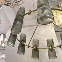 Italian Mid Century Modern Design Smoked Green Murano Glass Brass Chandelier - 2209333