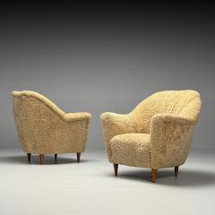 Italian Mid Century Modern Lounge Chairs Honey Shearling Stained Wood 1950s - 3942955