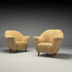 Italian Mid Century Modern Lounge Chairs Honey Shearling Stained Wood 1950s - 3942956