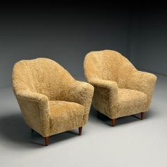 Italian Mid Century Modern Lounge Chairs Honey Shearling Stained Wood 1950s - 3942961