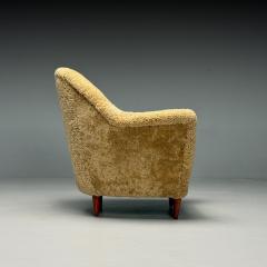 Italian Mid Century Modern Lounge Chairs Honey Shearling Stained Wood 1950s - 3942966