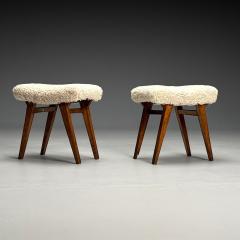 Italian Mid Century Modern Rustic Stools Beige Shearling Stained Wood 1950s - 3871293