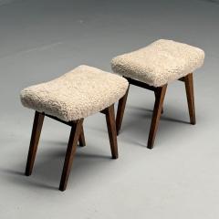 Italian Mid Century Modern Rustic Stools Beige Shearling Stained Wood 1950s - 3871297