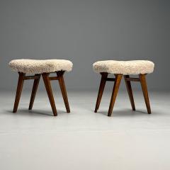 Italian Mid Century Modern Rustic Stools Beige Shearling Stained Wood 1950s - 3871300