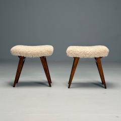 Italian Mid Century Modern Rustic Stools Beige Shearling Stained Wood 1950s - 3871301