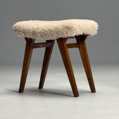 Italian Mid Century Modern Rustic Stools Beige Shearling Stained Wood 1950s - 3871304