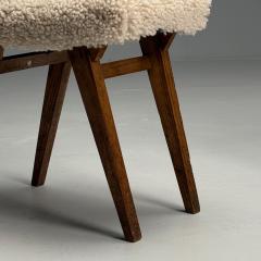 Italian Mid Century Modern Rustic Stools Beige Shearling Stained Wood 1950s - 3871305